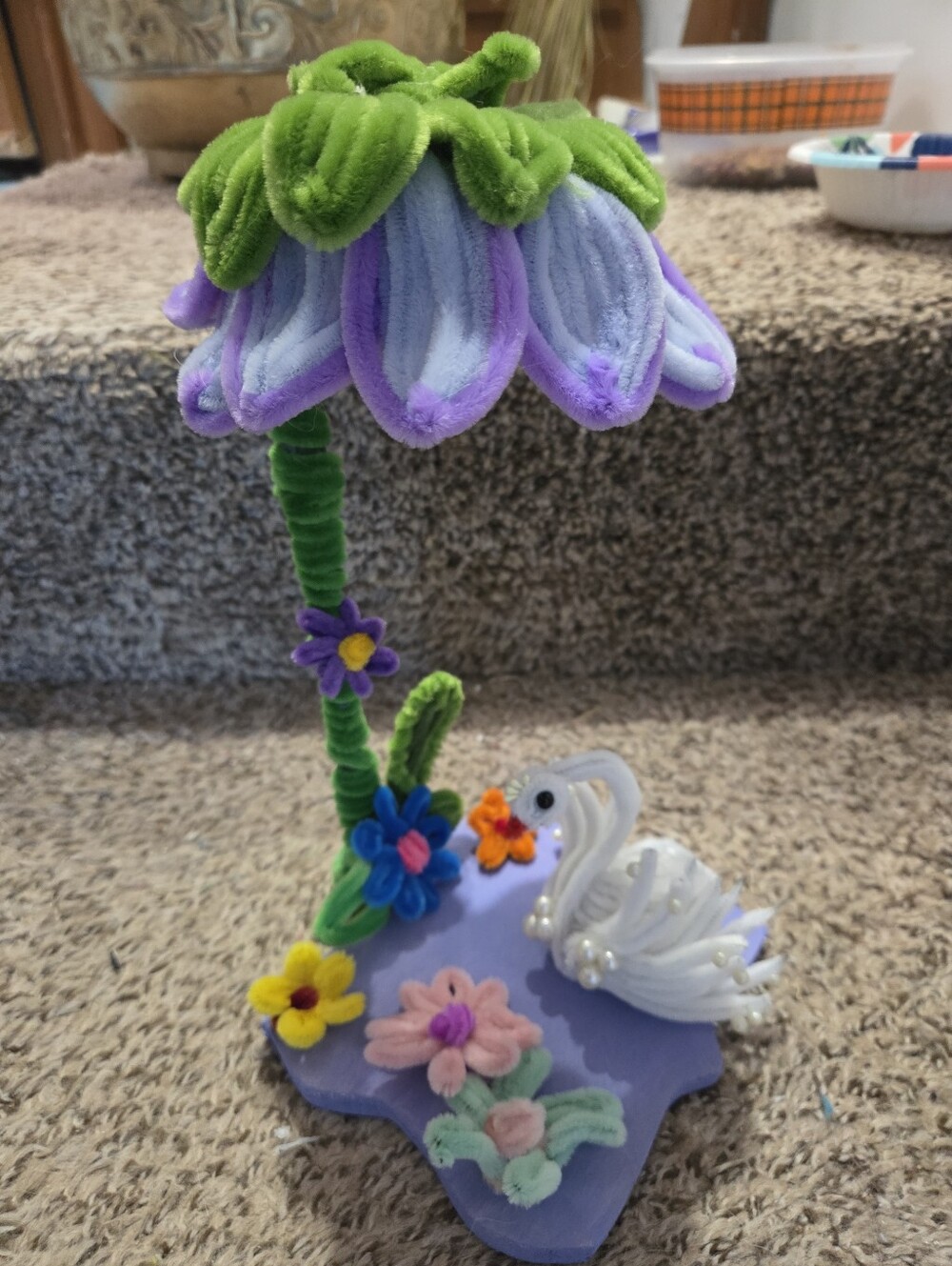 Handmade Floral Swan fairy Light Purple & Green Chenile Flowers Cover The Base - Picture 2 of 5